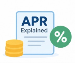 APR explained illustration showing annual percentage rate, loan interest and borrowing costs.